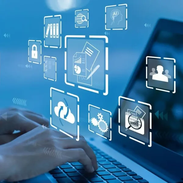 Businesswoman using a computer to document management concept, online documentation database and digital file storage system/software, records keeping, database technology, file access, doc sharing.